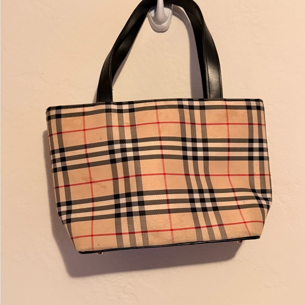 Burberry Beige Plaid Mini Tote with Black Leather Handles - Picture 9 of 13